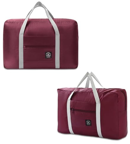 WUMUZAI Faltbare Reisetasche mit Trolleyhülle, Leicht, Zusammenklappbar, Gepäcktaschen für Reisen, Faltbare Nachttasche, Wochenendtasche für Damen und Herren, 2 Stück, Weinrot