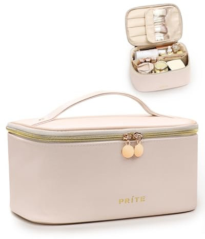 Prite Groß Kosmetiktasche für Damen Reise Kulturtasche aus Wasserdichtem Leder Tragbare Kulturbeutel oder Make Up Tasche mit Griff und Abnehmbarem Trenner (Weiß)