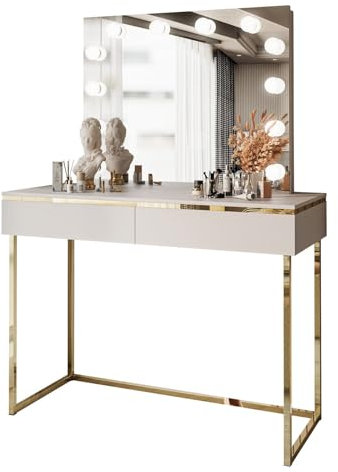 lukmebel - Schminktisch mit Spiegel - Schminkspiegel mit Beleuchtung und Schubladen - Konsolentisch Schmal mit Beinen in Gold - Make Up Tisch Frisiertisch Kosmetiktisch Kaschmir - Aurora Gold Elite