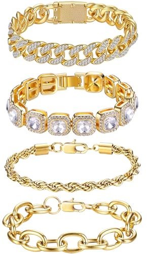 Krfy 4-teiliges Damen-Set: Tennisarmbänder mit Diamanten, Clip-Armbänder in Gold und Silber
