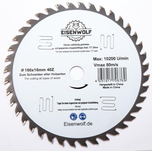 Eisenwolf Lame de scie circulaire 160 x 16 mm entièrement trempée et tendue, durable et résistante, pour bois, avec 40 dents TCT inclinées et découpes laser pour réduire le bruit