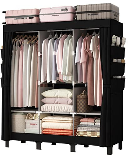 LOEFME Kleiderschrank, stoffschrank mit 2 stabilen Kleiderstangen, stoffkleiderschrank mit Regalen, offener Faltbarer Kleider Schrank, Aufbewahrung im Schlafzimmer, 172 x 130 x 45 cm(Mattschwarz)