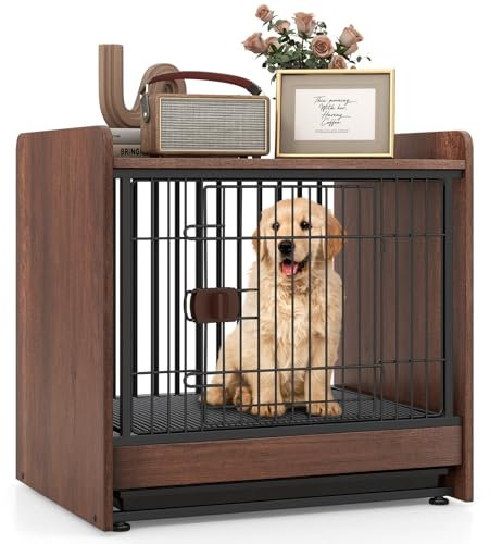 COSTWAY Dog Crate Furniture, Wooden Dog Cage with Removable Tray, Lockable Door, Indoor Pet Kennel Side End Table for Small & Medium Sized Dogs, Rustic Brown