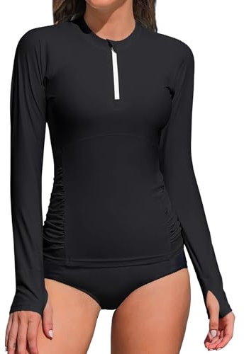 ATTRACO Womens UV Rash Guard Rash Vest Long Sleeve Zip Up UPF50+ Swim Top Swimming Shirts Swimwear S A-Black