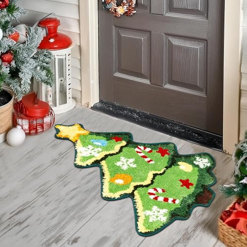 TETSMG Weihnachtsteppich, Rutschfeste Fußmatte mit Lebkuchenmann-Weihnachtsmann-Weihnachtsbaum-Design, 40 x 60 cm, Weihnachtsbaum