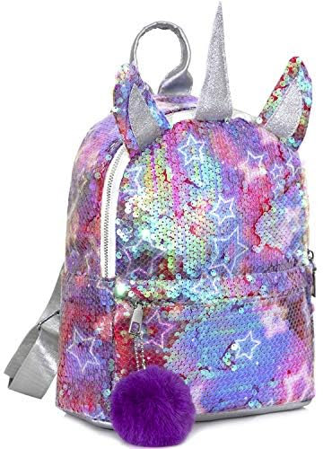 Gtuzkheu Kinderrucksack, Einhorn Rucksack Mädchen Mode Pailletten mit verstellbaren Bändern,Karikatur-Netter Schultaschen-Rucksack,für Outdoor/Reise (Lila)