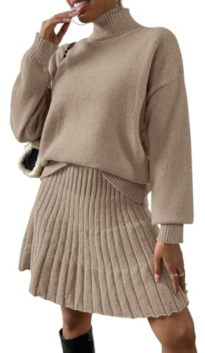 ORANDESIGNE 2 Stücke Set Damen Rollkragenpullover Schulterpullover Fallen Lassen und Plissierter Strickrock Einfarbiger Rundhals Langarm Pullover und Rock Zweiteiliger Strickkleid Anzug