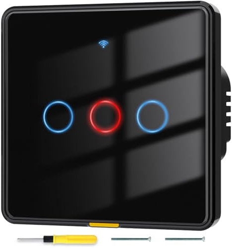 Acmerota Interruptor táctil WiFi negro, interruptores de luz inteligentes de 3 gangs compatibles con Alexa y Google Home Interruptor de control remoto sin Internet (tienen cableado neutro+sin neutro)