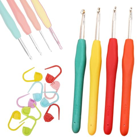 HABNI 4 Pcs Häkelnadel Ergonomische Häkelnadel Metall Häkelnadel Mit Bunte Silikongriff 14Cm Extra Lange Häkelnadel Stricknadel Für Anfänger Und Häkelliebhaber (2.5/3.5/4.5/5.5Mm)