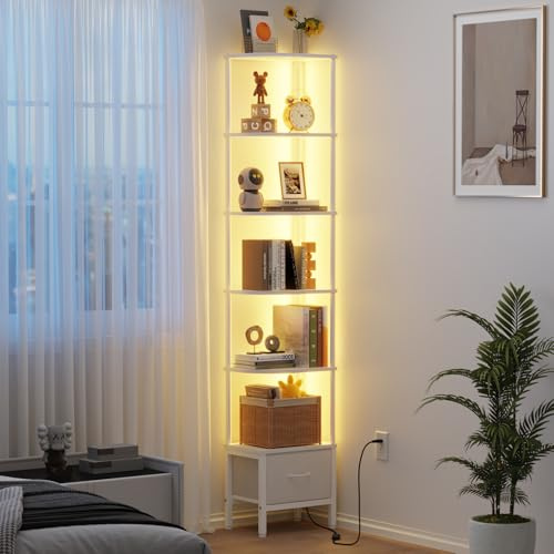 OYRREU 6-stufiges Eckregal mit LED-Beleuchtung und Stoffschublade, Weiß | APP-LED, Montage einfach, platzsparend, 27×37 cm, schmales Bücherregal, Präsentationsfläche & Schublade