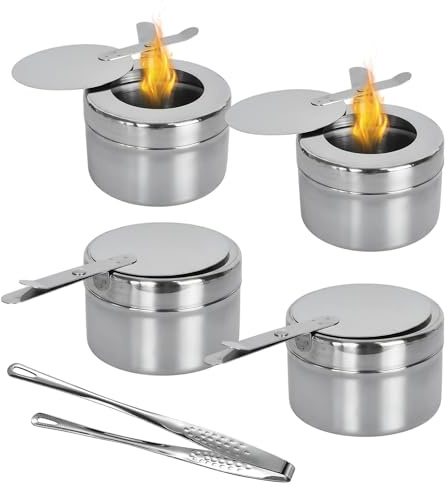 Alyxen 4 Stück Edelstahl Fondue Brenner & Brennpastenbehälter mit Pinzettenzange, Spiritusbrenner mit Abdeckung für Chafing Dish, Spiritusbrenner Warmhaltebehälter mit Lebensmittelpinzette Edelstahl