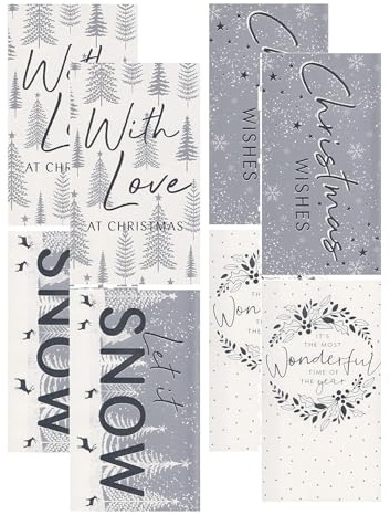 Decsee Christmas Money Wallets with Envelopes, Set of 8 Silver Festive Designs, Gift Card Holders with Snowflakes and Trees, 16 x 9 cm