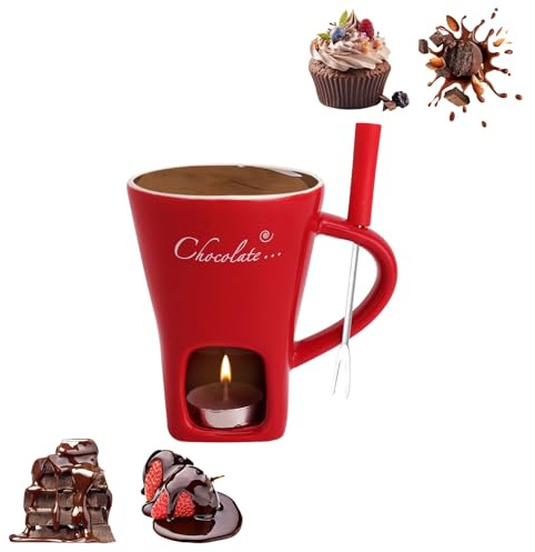 GZRXIOUS Schokofondue Tasse Keramik 130ML Schoko Fondue Cup Fondue Set, Rot | mit Teelichthalter Gabeln Schokoladenfondue Schokolade Fondueset Chocolate Schokoladenschmelztopf für Schokolade Käse Butter