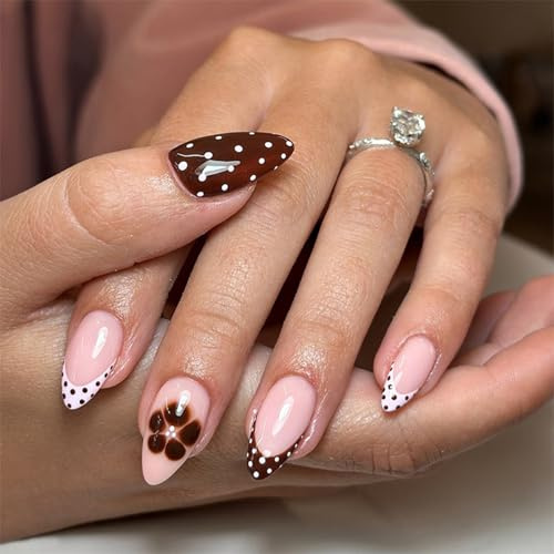 OuryTech Faux ongles amande, 24 pièces ongles artificiels à coller et faux ongles, Dot Press Ons avec French Tip et design floral marron pour femmes (Type B)