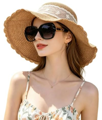 Hittriu Women Wide Brim Straw Hat with Sunglasses Set, Floppy Bow Straw Sun Hat, for Summer Beach Vacation Travel
