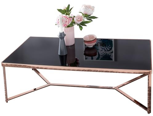 Wohnling Design Couchtisch Glasplatte Schwarz/Gestell Kupfer 120 x 60 x 40 cm, Wohnzimmertisch verspiegelt Sofatisch modern, Glastisch Kaffeetisch eckig Loungetisch