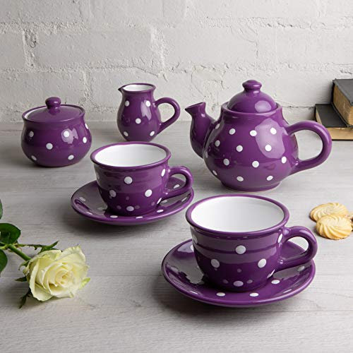 City to Cottage® Purple and White Polka Dot Handmade Ceramic Teapot, Milk Jug, Sugar Bowl with 2 Cups and Saucers Tea Set