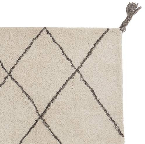 URBANARA 140x200 cm Teppich Beni Naturweiß/Anthrazit-Melange — 100% Wolle — Ideal für Wohn-, Schlaf- oder Kinderzimmer — im Rautenmuster und mit Abnehmbaren Fransen