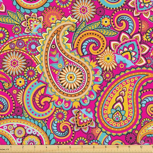 ABAKUHAUS Bunt Stoff als Meterware, Asiatisch Paisley Ost, Qualitäts Stoff Dekorativer Polster Heimtextilienstoff, 2M (148x200cm), Pink Orange