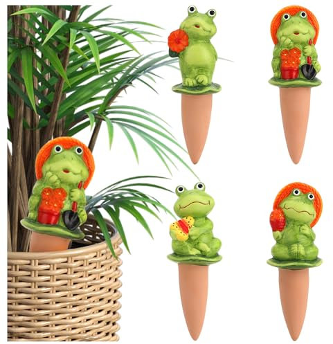 COM-FOUR® 4x riego automático para plantas de interior – dispensador de agua para plantas – conos de arcilla para regar las flores – Hydrospikes (04 piezas – ranas)