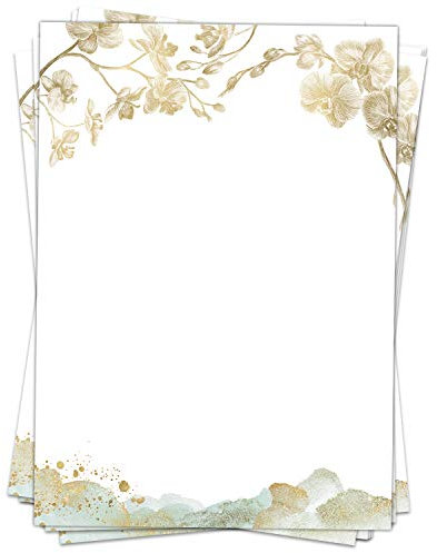 50 Blatt Briefpapier (A4) | Orchideen Gold Look | Motivpapier | edles Design Papier | beidseitig bedruckt | Bastelpapier | 90 g/m²
