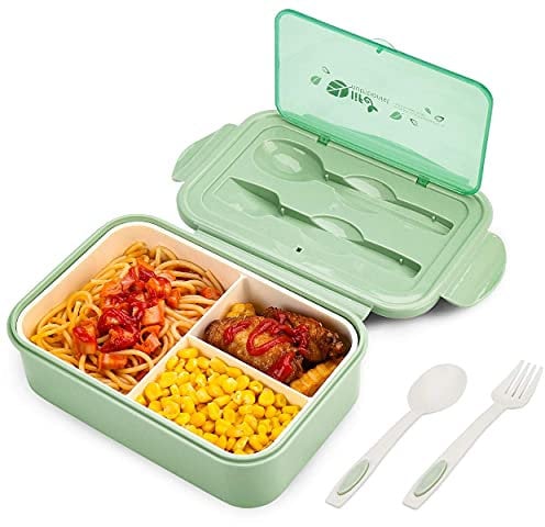 BIBURY Fiambrera, caja bento a prueba de fugas para niños adultos, recipiente para alimentos con 3 compartimentos y juego de cubiertos, aptos para microondas y lavavajillas (Verde A)