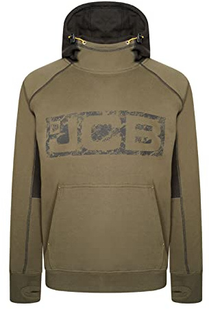 JCB - Horton Hoodie, Small - Made with 80% Cotton & 20% Polyester - Hoodies for Men Branding Details - Mens Clothes - Cordura Fabric Elbow Patches - 320gsm - Olive/Black