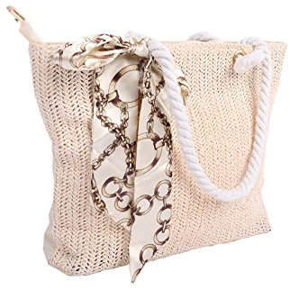 NiCoLa Women Beach Bag Small Tote Bags, Lightweight Summer Beach Bags, Straw Beach Bags with Zip, Silk Scarf Decoration for Women