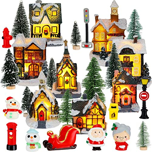 Woanger 29 Pcs Christmas Village Set LED Lighted Houses Holiday Party