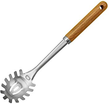 Fackelmann FSC Acacia Stainless Steel Spaghetti Spoon, Spaghetti Spoon, Spaghetti Fork, Dimensions: 30x6x5.5cm, Colour: Brown & Silver