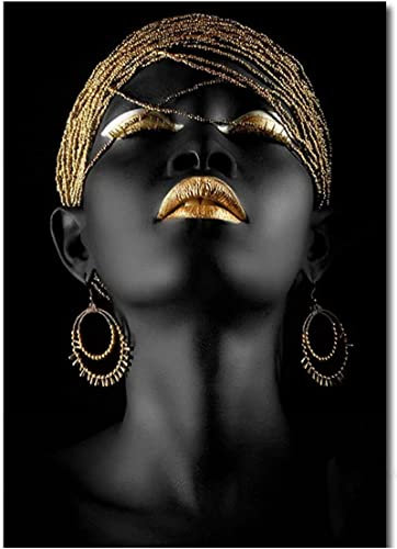 HTWLMM Impression sur Toile Tableau Femme Africaine Or Noir Peintures Decoration Affiche Murale Art Chambre Salon Décor À La Maison sans Cadre (70X100CM,B)