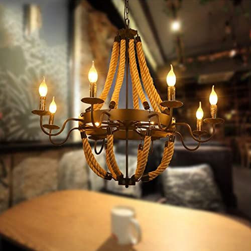 Vintage Hanfseil Hängelampe E14 Antik Kronleuchter Rustikale Loft Industrieller Pendelleuchte Höhenverstellbar Esstisch Hängeleuchten Deckenleuchte für Wohnzimmer Küche Esszimmer Bar Cafe, 8 heads