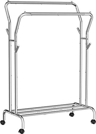 SONGMICS Portant à Vêtements avec roulettes, Double Barre, Porte-Manteau, en Acier, Charge 100 kg, Largeur de 103,5 cm, Rangement Polyvalent, Argent HSR107E01