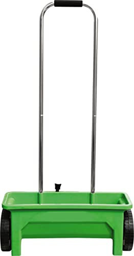 mysmartbuy.com Garden Lawn Seed Spreader – 12L Green Plastic & Aluminium Wheeled Scatter Spreader with 10 Drop Speeds for Lawn Feed, Seeds, Fertiliser, Sand & Salt – Measures 109 x 56.5 x 20cm