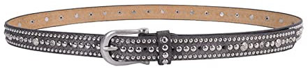 Silberner Retro-Gürtel für Damen aus PU und Rindsleder, gemischt mit Kristallnieten, 25 mm breit, Rock-Nieten-Gothik-Punk-Gürtel für Damen,Grau,95cm/waist:30~32