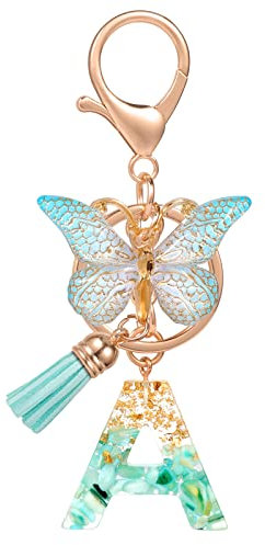 MWOOT Letter Keychains Initiale Lettre Porte-clés,Alphabet Initial Keyring avec Papillon Pendentif,Vert Feuille D'or Key Ring pour Femmes Filles Portefeuilles Sac à Main Bagages Charme(A)