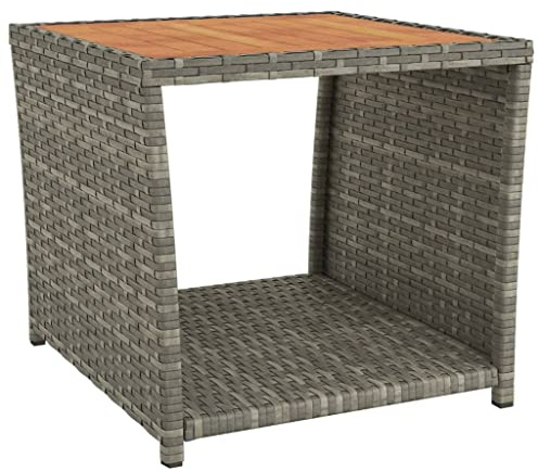 vidaXL Poly Rattan Tea table with Wooden top - Grey, Outdoor weather resistant side table with Solid Acacia Wood tabletop and steel frame - 45 x 45 x 40 cm
