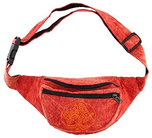 Kunst und Magie Bauchtasche Bunte Boho Goa Crossbody Schulter Gürteltasche Hüfttasche Stonewashed Unisex Lebensbaum, Farbe:Rot
