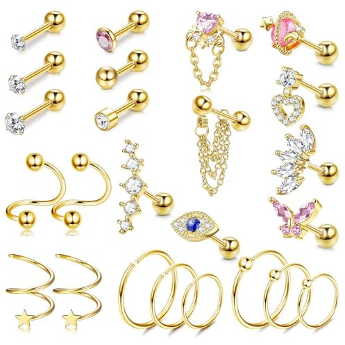 KALVICA 24 Stück Helix Piercings Chirurgenstahl Knorpel Ohrstecker Damen Tragus Conch Piercing Ohr CZ Ohrringe Set Nasenpiercing 16G Gold Silber Rose Glod
