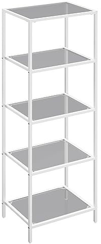 VASAGLE Regal mit 5 Ablagen, Badregal, gehärtetes Glas, einfache Montage, für Badezimmer, Wohnzimmer, Küche, Büro, schiefergrau-perlweiß LGT029W01