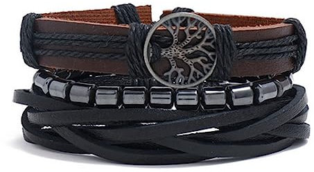 Bungsa Leder-Armband Breit Braun/Schwarz Lebensbaum Unisex