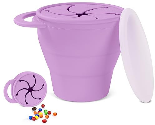 Vicloon Taza de Bocadillos para Bebés,Taza de Silicona para Bocadill,Plato de Bocadillos,Caja de Almacenamiento de Alimentos Portátil para Niños Pequeños,Vaso de silicona para aperitivos-púrpura