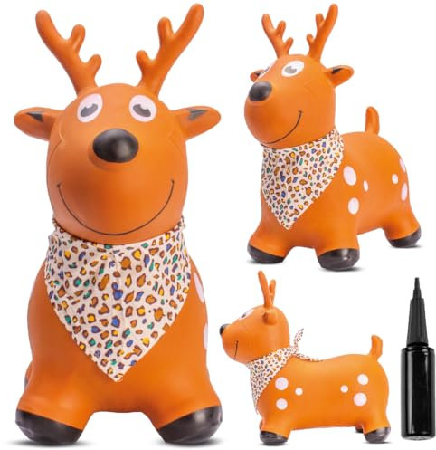 sun baby Hüpftiere ab 1 Jahr mit Pumpe aufblasbares Hüpfspielzeug aus Hochwertigem und Strapazierfähigem Gummi, Verschiedene Designs (Brauner Rentier mit Bandana)