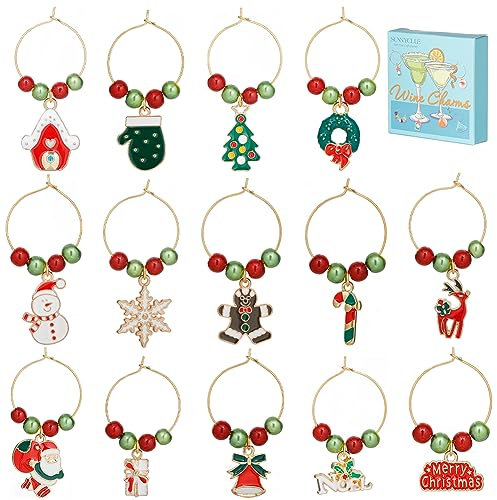 SUNNYCLUE 1 caja de 14 juegos de Abalorios de Copa de Vino de Navidad, Cuentas Rojas Y Verdes, Aros de Abalorios, Abalorios de Esmalte de Navidad, Marcadores de Copa de Vino Surtidos, Anillos de Ident