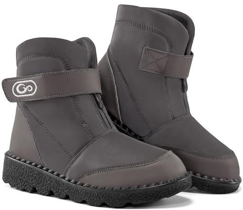 Atoshopce Winter-Schneestiefel für Damen: Warmes Fell gefüttert, bequeme Stiefelette mit Reißverschluss, Klettverschluss, wasserdicht, Outdoor-Stiefel für Damen, GRAU, 38 EU