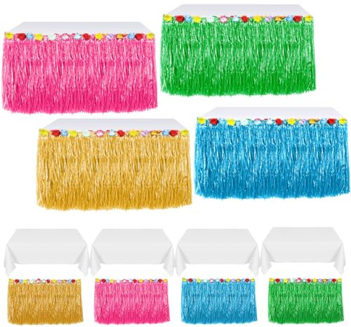 Tatuo Luau-Gras-Tischrock, hawaiianische Hibiskusblumen, Tischröcke mit 4 Kunststoff-Tischdecken für tropische Hawaii-Party, Luau-Geburtstagsparty-Dekorationen (helle Farbe, weiß), 4 Stück