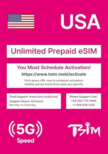 USA SIM-Karte für Reisen in die USA PrePaid. T-Mobilfunknetz mit unbegrenzten Daten, Anrufen und SMS. Neue verbesserte 5G-SIM-Karte! (4 Tage eSIM)