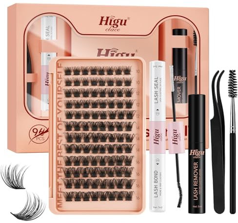 Higu clace-DIY-Wimpern-Set, 96pcs Wimpern-Extensions-Set, lash cluster D Curl Lashes-Set mit Wimpernkleber und -versiegelung, Wimpernapplikator Wimpernentferner zu Hause (Mega Kit D 10-16mm)