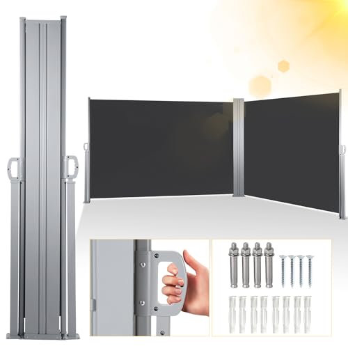 Jiubiaz Store double face extensible 180 x 600 cm - Store mural sur pied - Protection solaire - Balcon - Brise-vue - Protection contre le vent - Pour balcon, terrasse, jardin - Gris