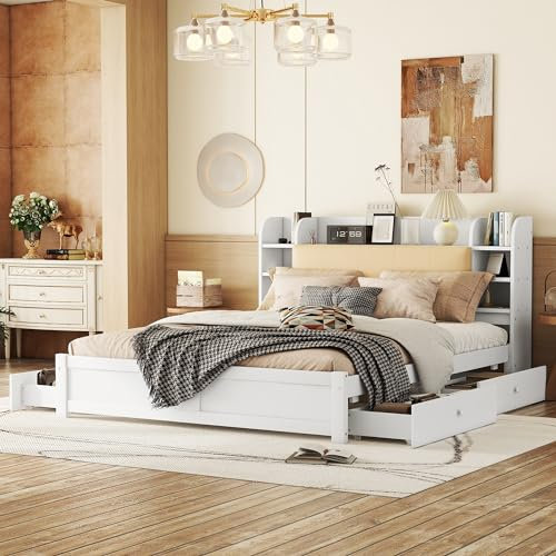 Merax Doppelbett Holzbett 180x200cm, Stauraumbett mit 4 Schubladen und Stauraum-Kopfteil, Funktionsbett mit Lattenrost, Stabil Flachbett Jugendbett, einfachen Stil Plattformbett, Ohne Matratze, Weiß